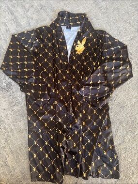 PLAYBOY Black Satin Kimono Jacket with Gold Bunny Motif